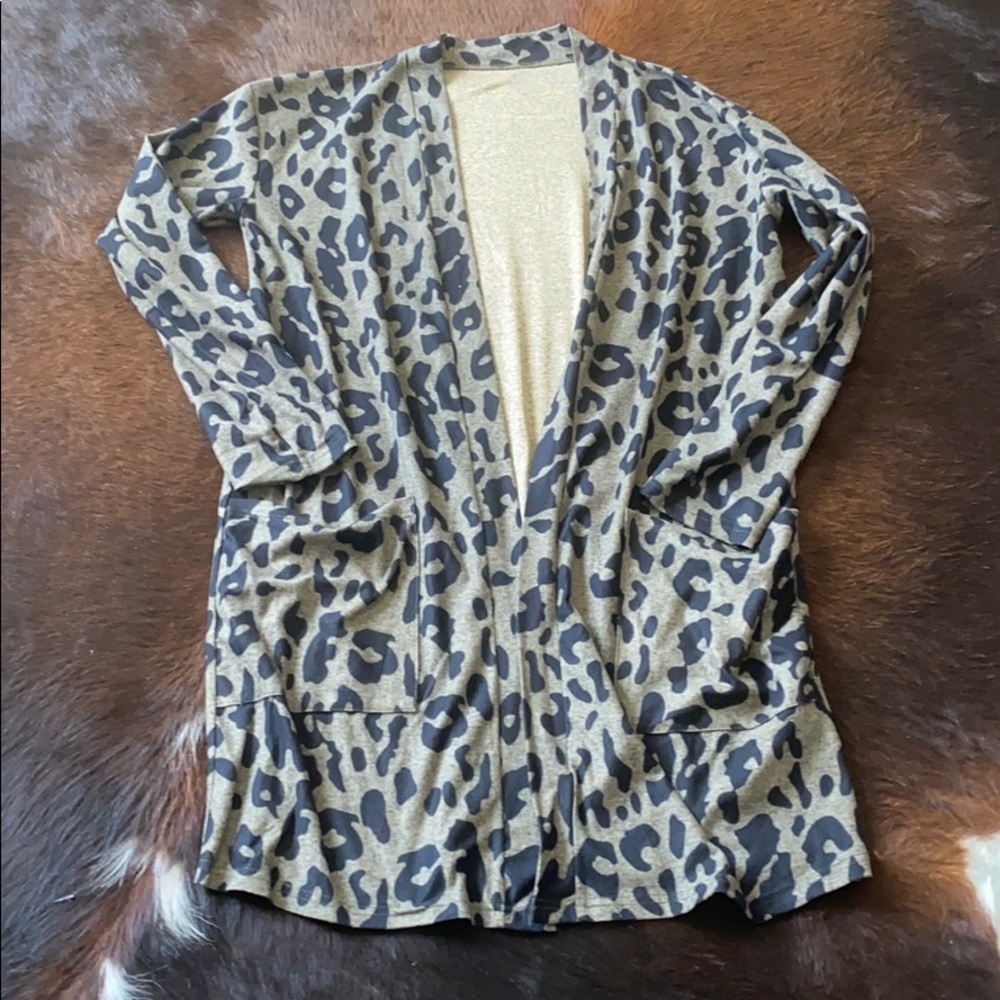 Tickled teal leopard print long cardigan.